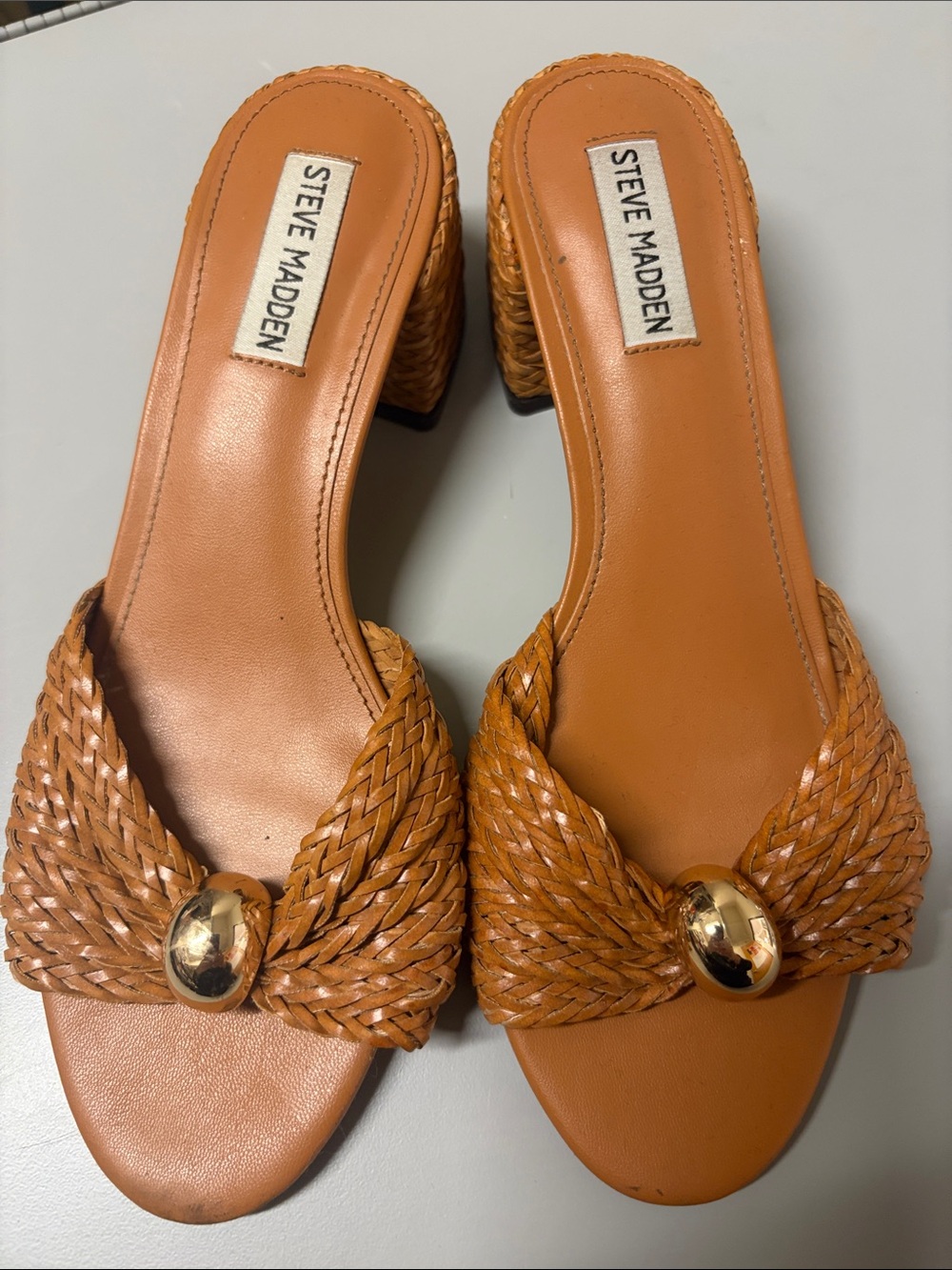 Steve Madden Tan Woven Mule Sandals with Gold Accent